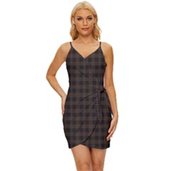 Brown And Black Small Plaids Wrap Tie Front Dress