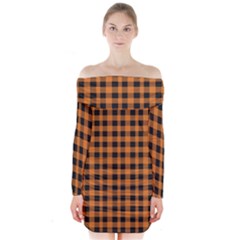 Orange Black Small Plaids Long Sleeve Off Shoulder Dress by ConteMonfrey