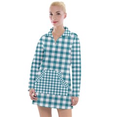 Straight Blue White Small Plaids Women s Long Sleeve Casual Dress by ConteMonfrey