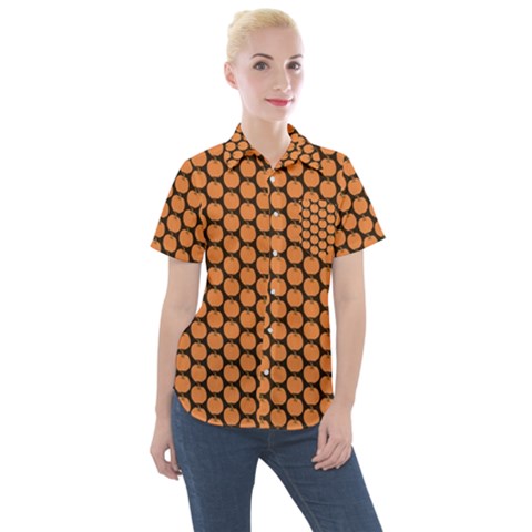 Cute Pumpkin Black Small Women s Short Sleeve Pocket Shirt by ConteMonfrey