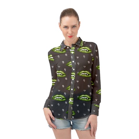 Green Vampire Mouth - Halloween Modern Decor Long Sleeve Chiffon Shirt by ConteMonfrey