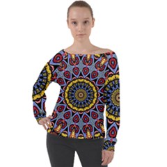 Kaleidoscope Mandala Colorful Off Shoulder Long Sleeve Velour Top by Wegoenart