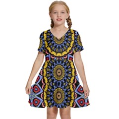 Kaleidoscope Mandala Colorful Kids  Short Sleeve Tiered Mini Dress