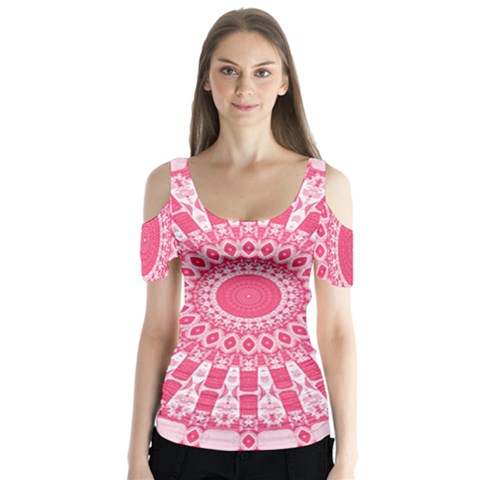 Mandala Pink Abstract Butterfly Sleeve Cutout Tee  by Wegoenart