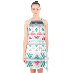 Aztec Ethnic Seamless Pattern Halter Collar Waist Tie Chiffon Dress