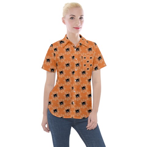 Halloween Black Orange Spiders Women s Short Sleeve Pocket Shirt by ConteMonfrey