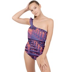 Abstract Pattern Colorful Background Frilly One Shoulder Swimsuit