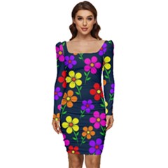 Background Flower Floral Bloom Women Long Sleeve Ruched Stretch Jersey Dress by Ravend