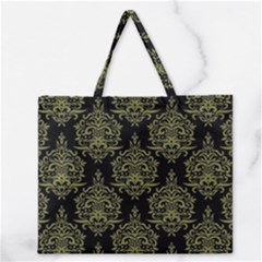 Black And Green Ornament Damask Vintage Zipper Large Tote Bag by ConteMonfrey