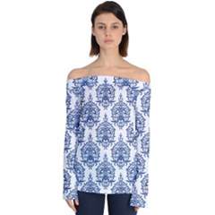 Blue And White Ornament Damask Vintage Off Shoulder Long Sleeve Top by ConteMonfrey