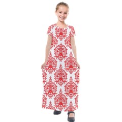 White And Red Ornament Damask Vintage Kids  Short Sleeve Maxi Dress by ConteMonfrey