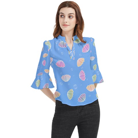 Seashell Clam Pattern Art Design Loose Horn Sleeve Chiffon Blouse by Ravend