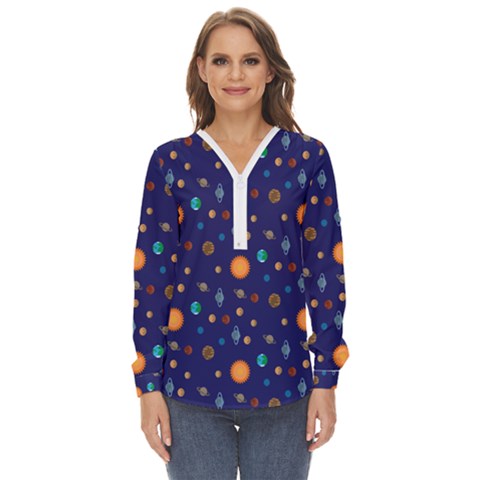 Space Sun Mercury Venus Earth Planet Galaxy Zip Up Long Sleeve Blouse by Wegoenart
