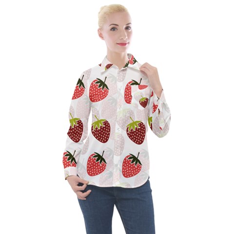 Strawberry Pattern Background Women s Long Sleeve Pocket Shirt by Wegoenart