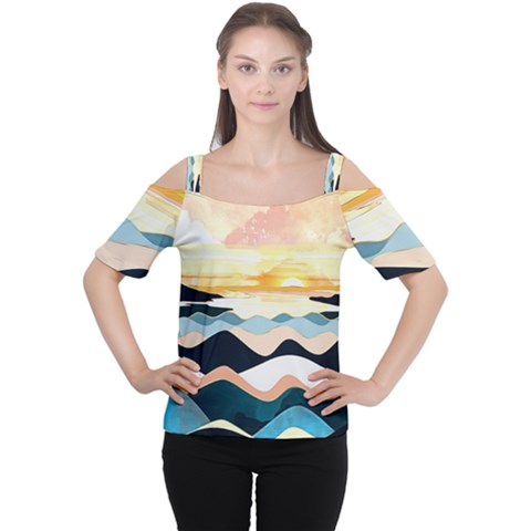 Sea Waves Wave Painting Ocean Water Cutout Shoulder Tee by Wegoenart