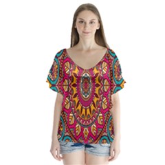 Buddhist Mandala V-neck Flutter Sleeve Top by nateshop