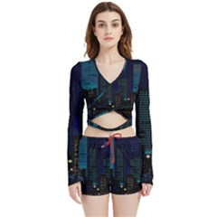 City Building Pixel Art Vaporwave Velvet Wrap Crop Top And Shorts Set by danenraven