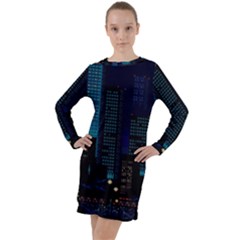 City Building Pixel Art Vaporwave Long Sleeve Hoodie Dress by danenraven