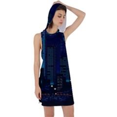 City Building Pixel Art Vaporwave Racer Back Hoodie Dress by danenraven