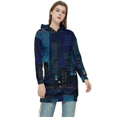 City Building Pixel Art Vaporwave Women s Long Oversized Pullover Hoodie by danenraven