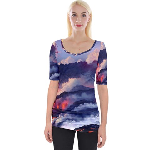 Cherry Blossom Tree On Cliff Digital Wallpaper Cherry Blossom On Cliff Mountain Nature Wide Neckline Tee by danenraven