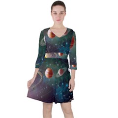 Planet Galaxy Fantasy Quarter Sleeve Ruffle Waist Dress by danenraven