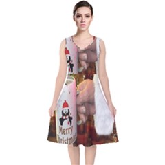 Merry Christmas - Santa Claus Holding Coffee V-neck Midi Sleeveless Dress  by artworkshop