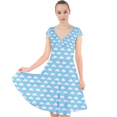 Little Clouds Blue  Cap Sleeve Front Wrap Midi Dress by ConteMonfrey