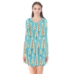 Vector-white-cartoon-trees-pattern Long Sleeve V-neck Flare Dress by nateshop