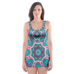 Green, Blue And Pink Mandala  Skater Dress Swimsuit by ConteMonfrey