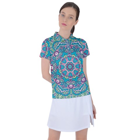 Green, Blue And Pink Mandala  Women s Polo Tee by ConteMonfrey