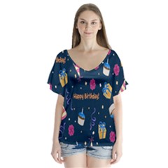 Party-hat V-neck Flutter Sleeve Top by nateshop