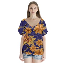 Seamless-pattern Floral Batik-vector V-neck Flutter Sleeve Top by nateshop