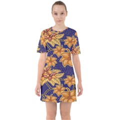 Seamless-pattern Floral Batik-vector Sixties Short Sleeve Mini Dress