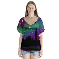 Illustration Clock Asteroid Comet Galaxy V-neck Flutter Sleeve Top by Wegoenart