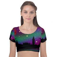 Illustration Clock Asteroid Comet Galaxy Velvet Short Sleeve Crop Top  by Wegoenart