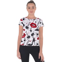 Red Lips Black Heels Pattern Short Sleeve Sports Top 