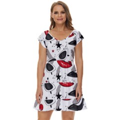 Red Lips Black Heels Pattern Short Sleeve Tiered Mini Dress