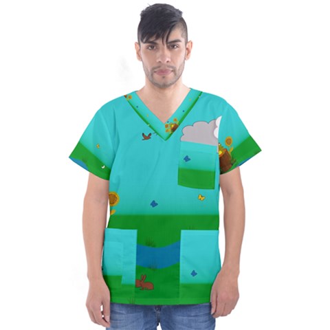 Frog Log Stream River Wallpaper Men s V-neck Scrub Top by Ravend