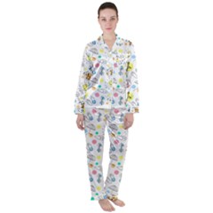 Summer Pattern Colorful Drawing Doodle Satin Long Sleeve Pajamas Set