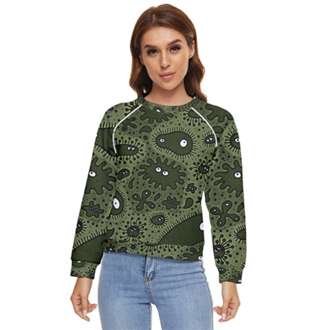 Green Bacteria Digital Wallpaper Eyes Look Biology Pattern Women s Long Sleeve Raglan Tee by danenraven