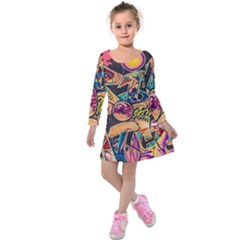 Doodle Wallpaper Texture Grafiti Multi Colored Art Kids  Long Sleeve Velvet Dress