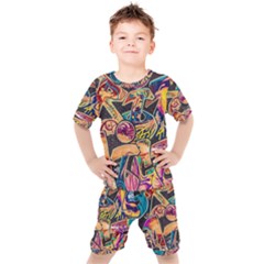 Doodle Wallpaper Texture Grafiti Multi Colored Art Kids  Tee And Shorts Set by danenraven