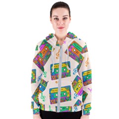 Seamless Pattern With Colorful Cassettes Hippie Style Doodle Musical Texture Wrapping Fabric Vector Women s Zipper Hoodie