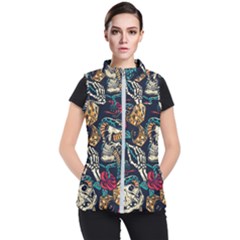 Vintage Art Tattoos Colorful Seamless Pattern Women s Puffer Vest