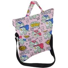 Seamless Pattern With Many Funny Cute Superhero Dinosaurs T-rex Mask Cloak With Comics Style Fold Over Handle Tote Bag by Ravend