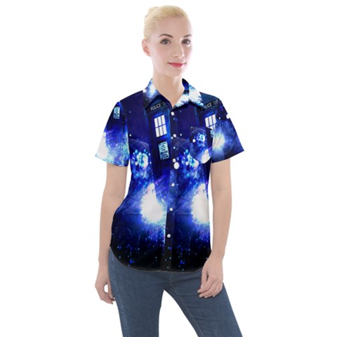 Tardis Background Space Women s Short Sleeve Pocket Shirt by Jancukart