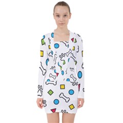 Dog Paw Seamless Pattern Footprint Bone V-neck Bodycon Long Sleeve Dress