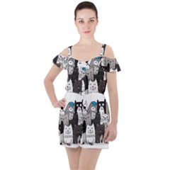 Cute Cat Hand Drawn Cartoon Style Ruffle Cut Out Chiffon Playsuit