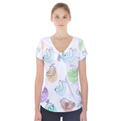 Cartoon-bird-cute-doodle-bird Short Sleeve Front Detail Top by Jancukart